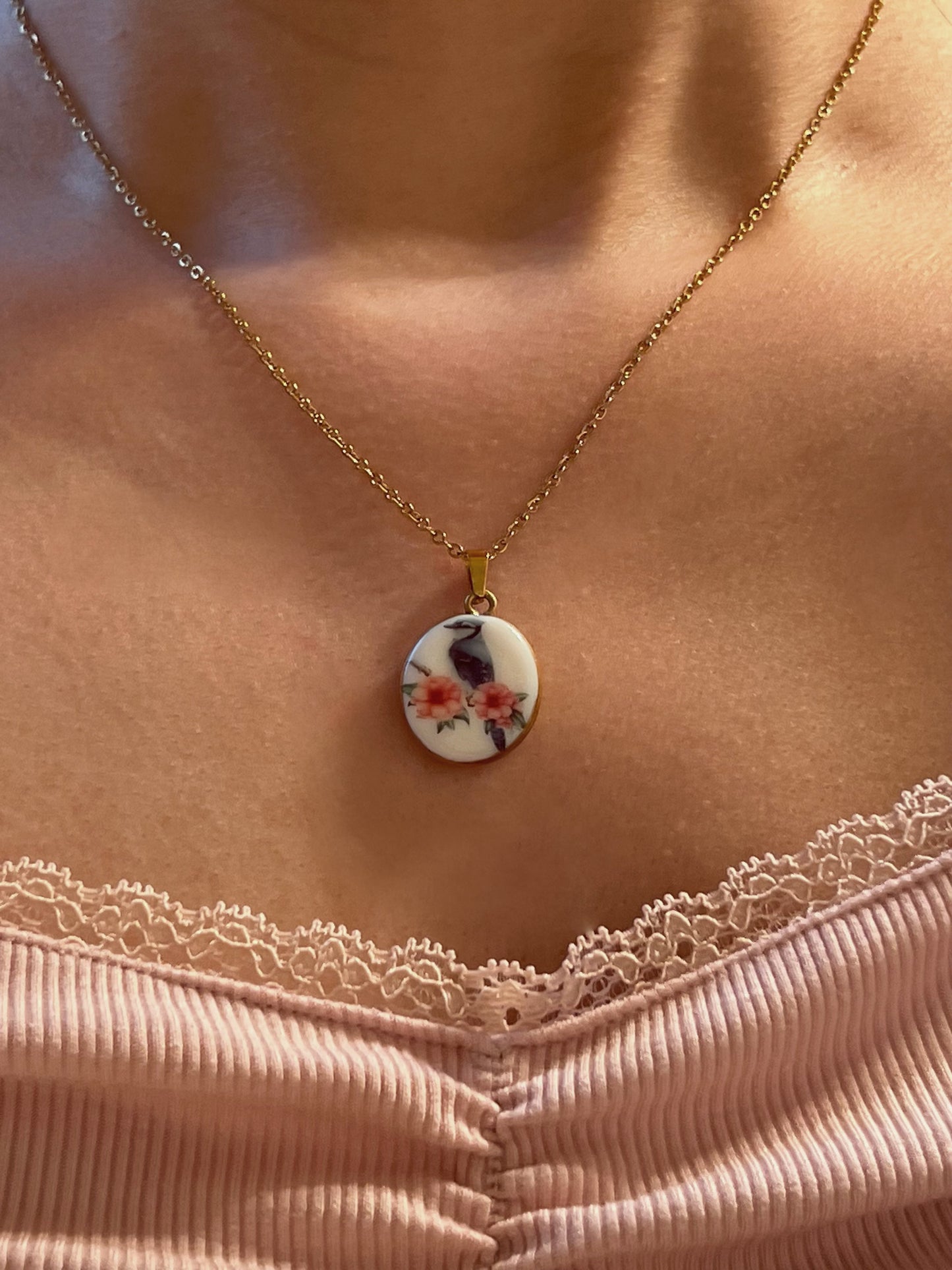 Blue jay with flowers necklace