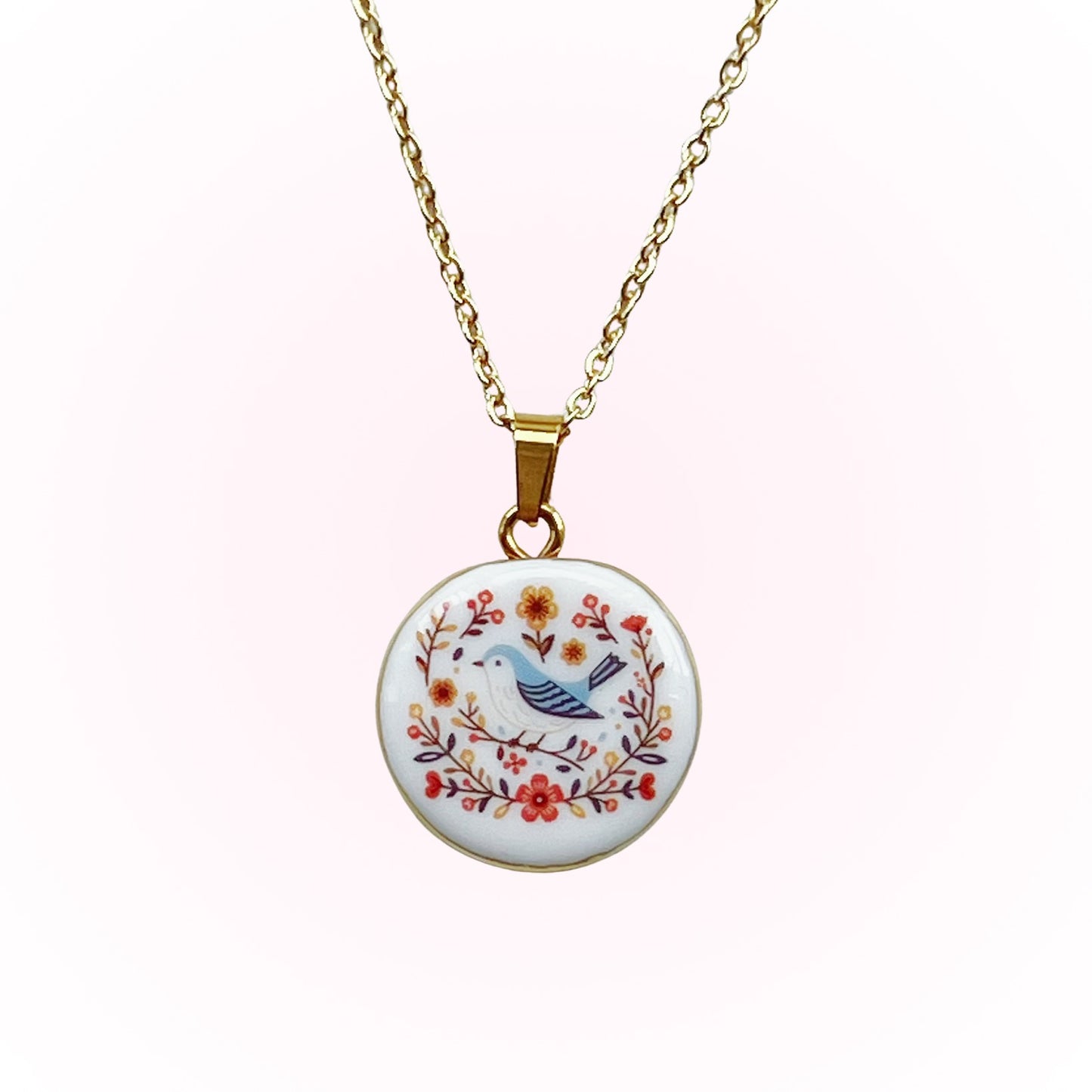 Blue bird and flowers necklace