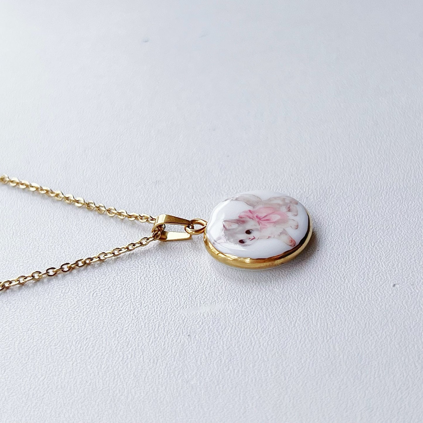 Pink bow kitty necklace