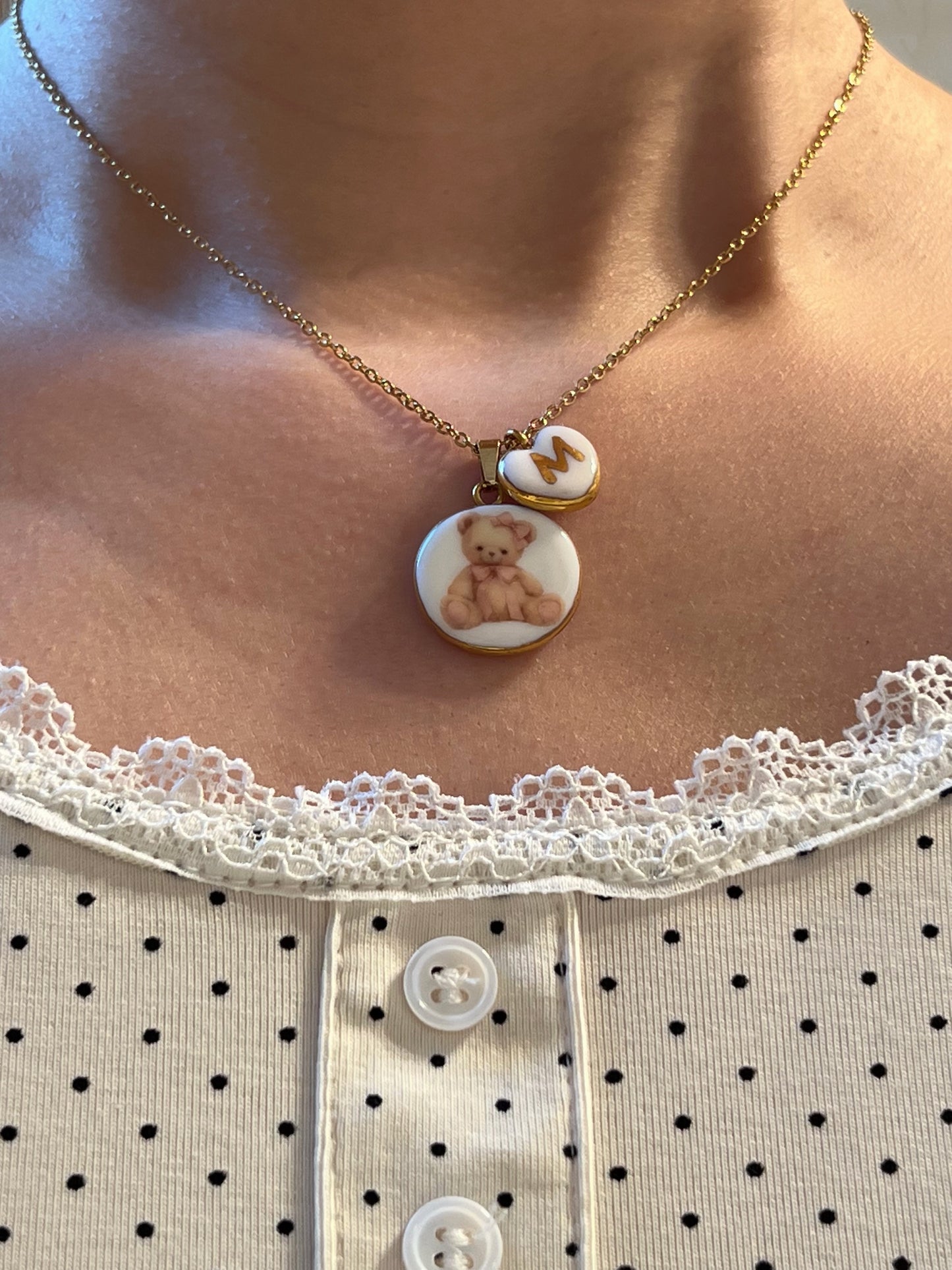 Pink bow teddy bear necklace