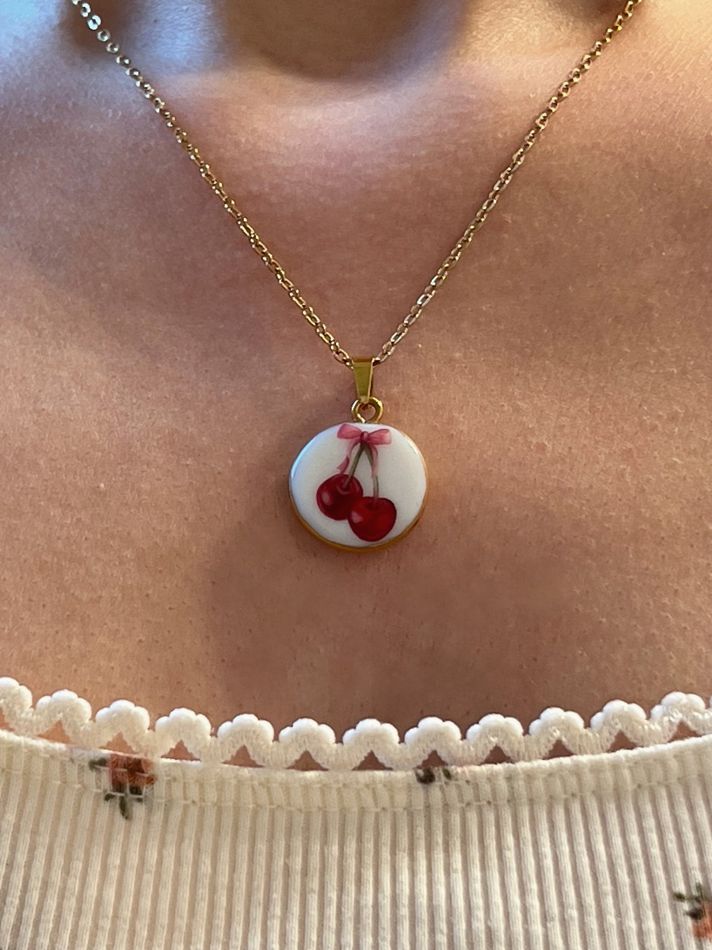 Pink bow cherry necklace