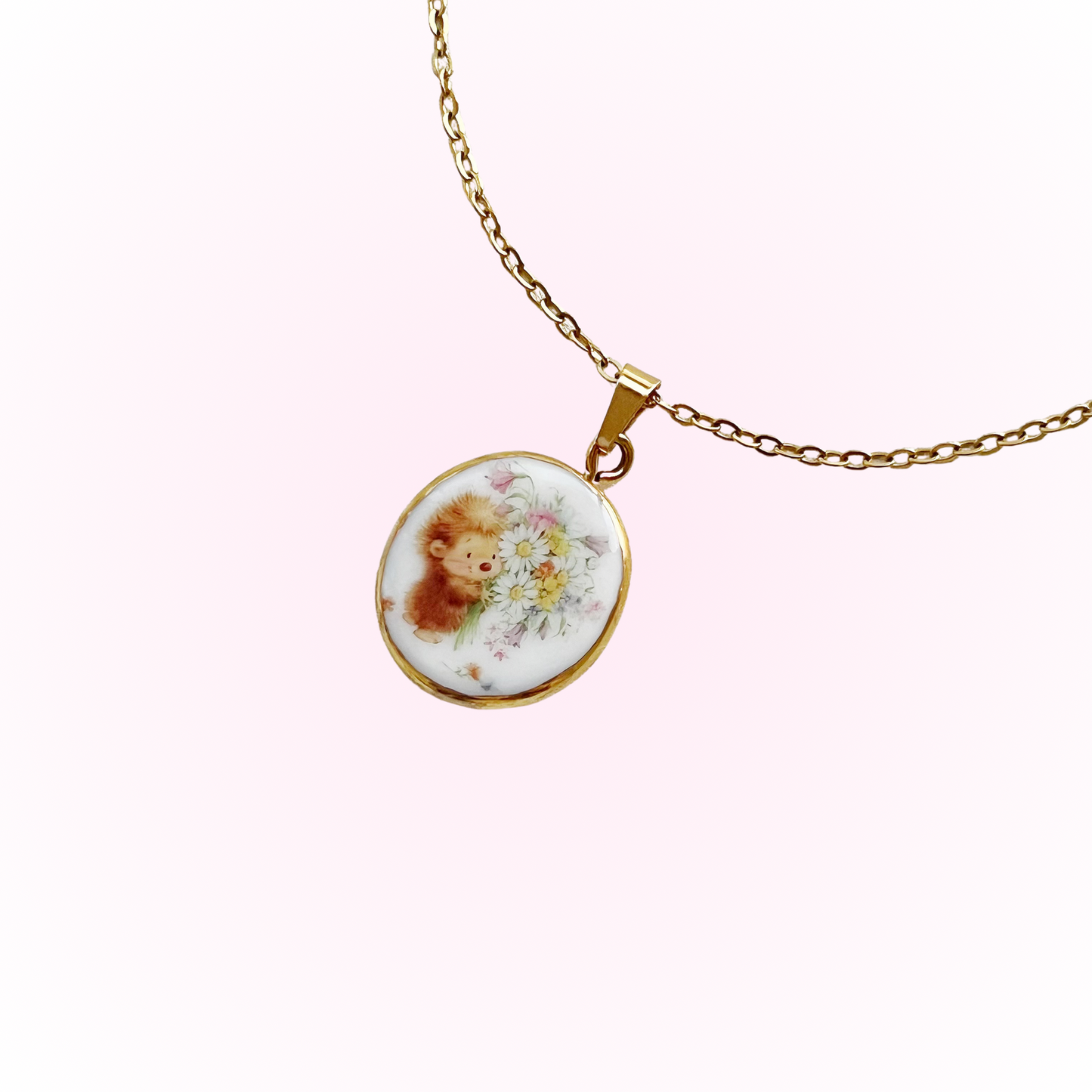Hedgehog holding flowers necklace