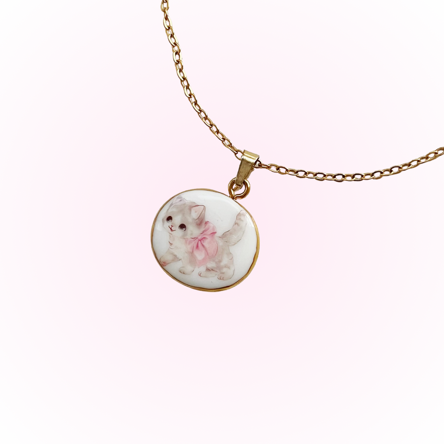 Pink bow kitty necklace