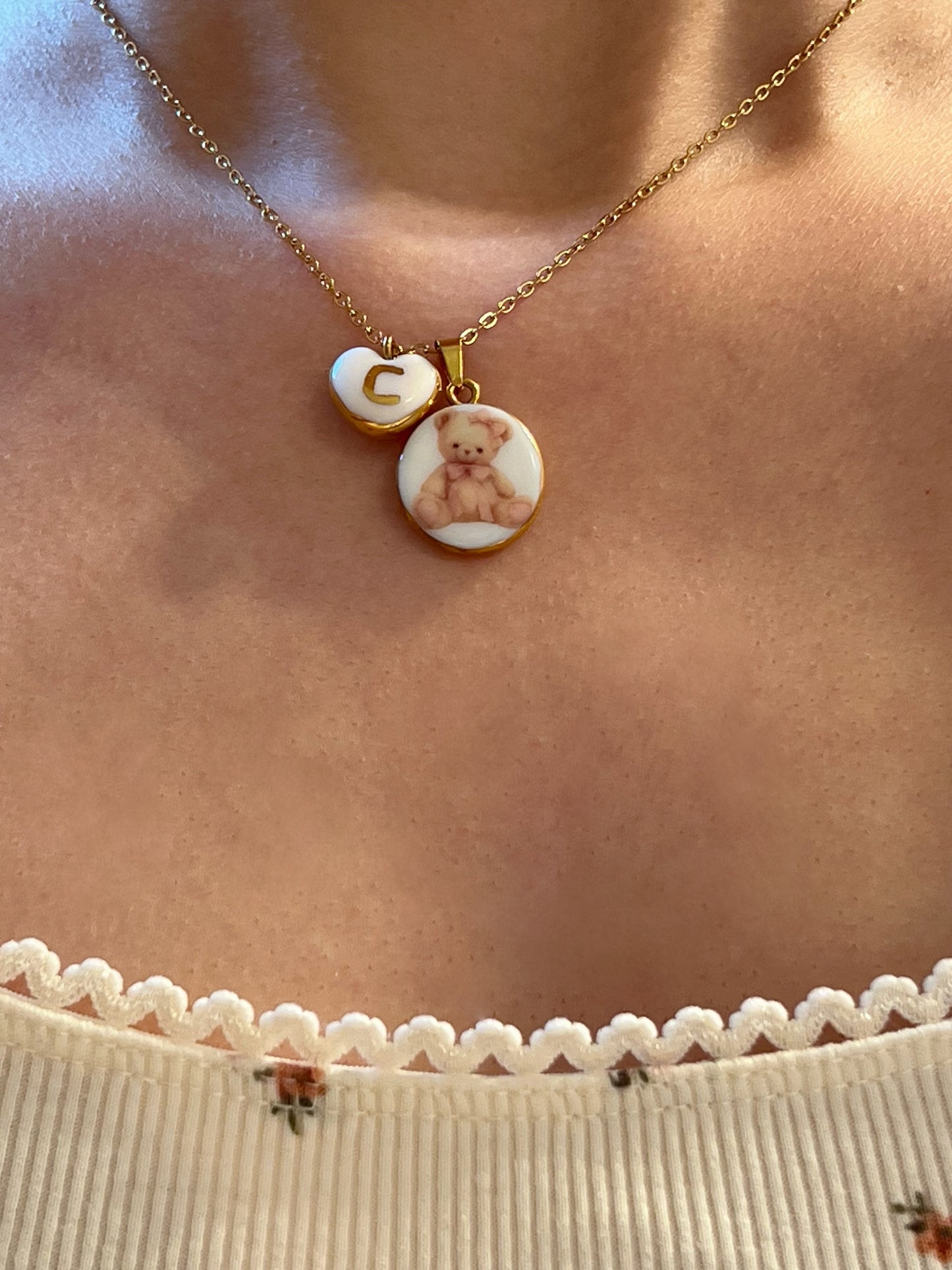 Pink bow teddy bear necklace