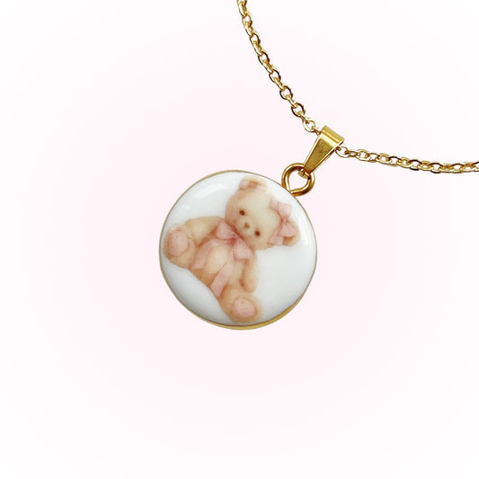 Pink bow teddy bear necklace