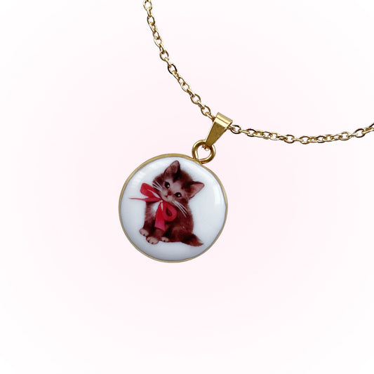 Red Bow Vintage Kitty Necklace
