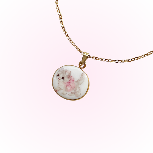 Pink bow kitty necklace