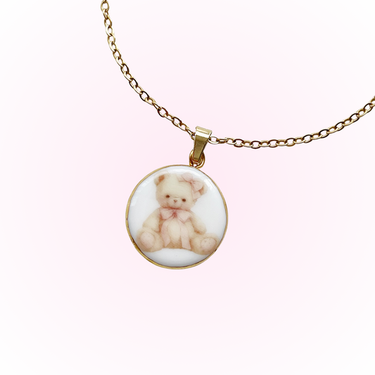 Pink bow teddy bear necklace