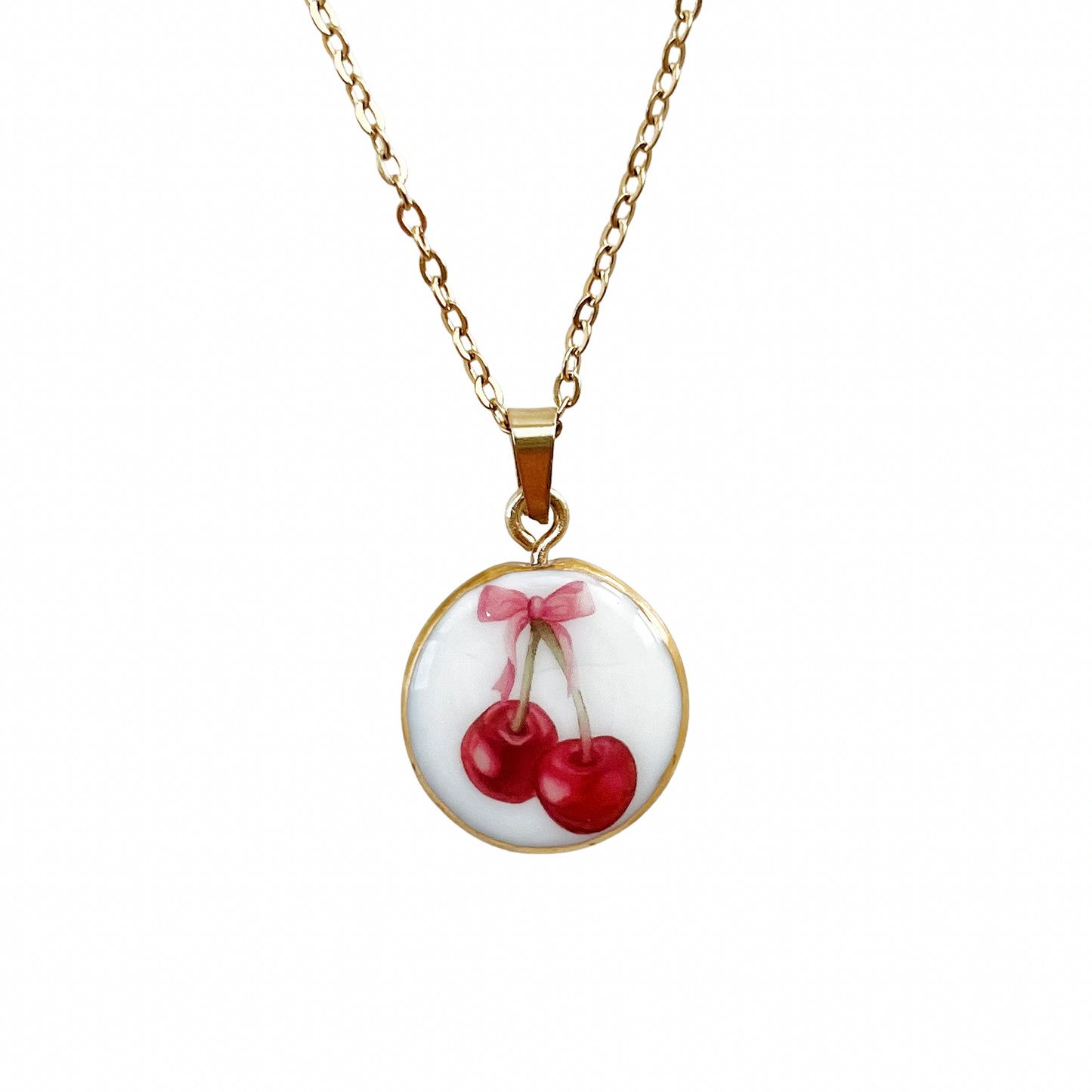 Pink bow cherry necklace