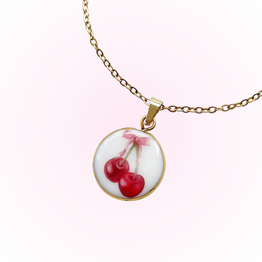 Pink bow cherry necklace